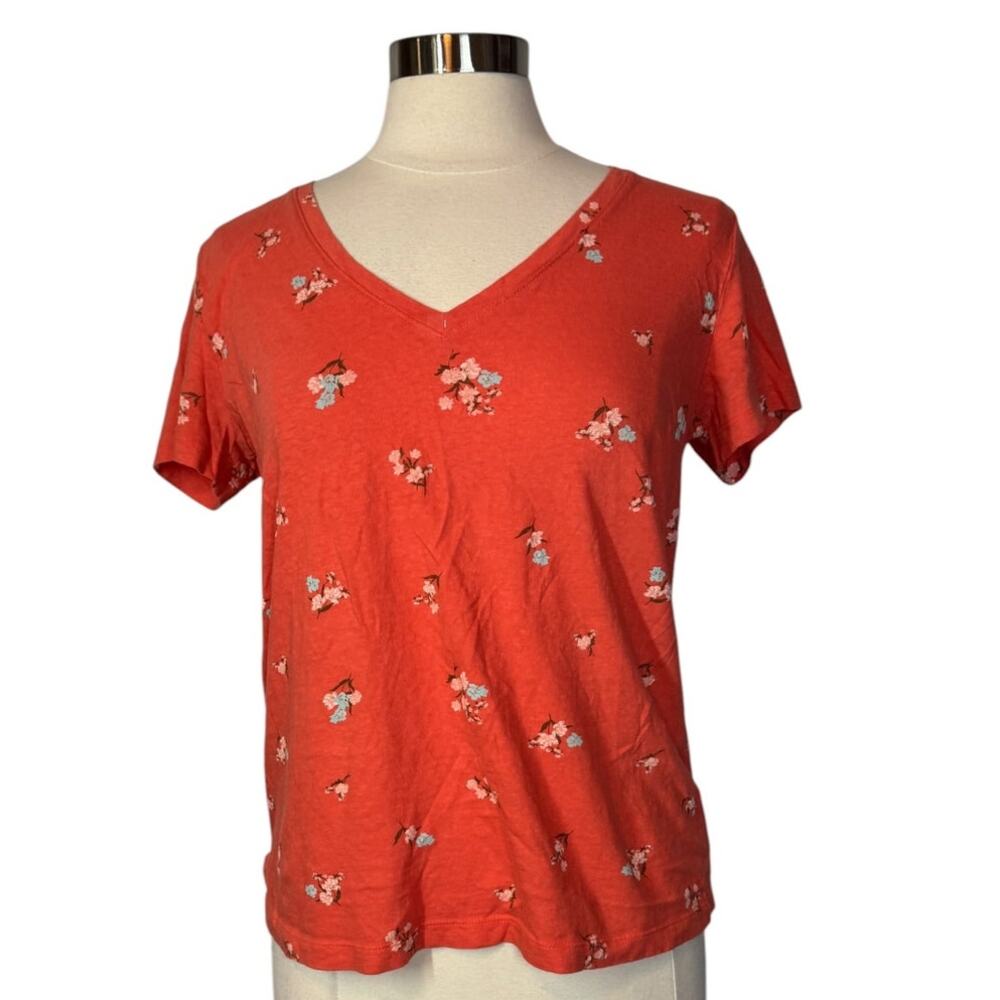 Lucky Brand Women’s Medium Reddish Orange Floral V Neck Cotton Short Sleeve Top